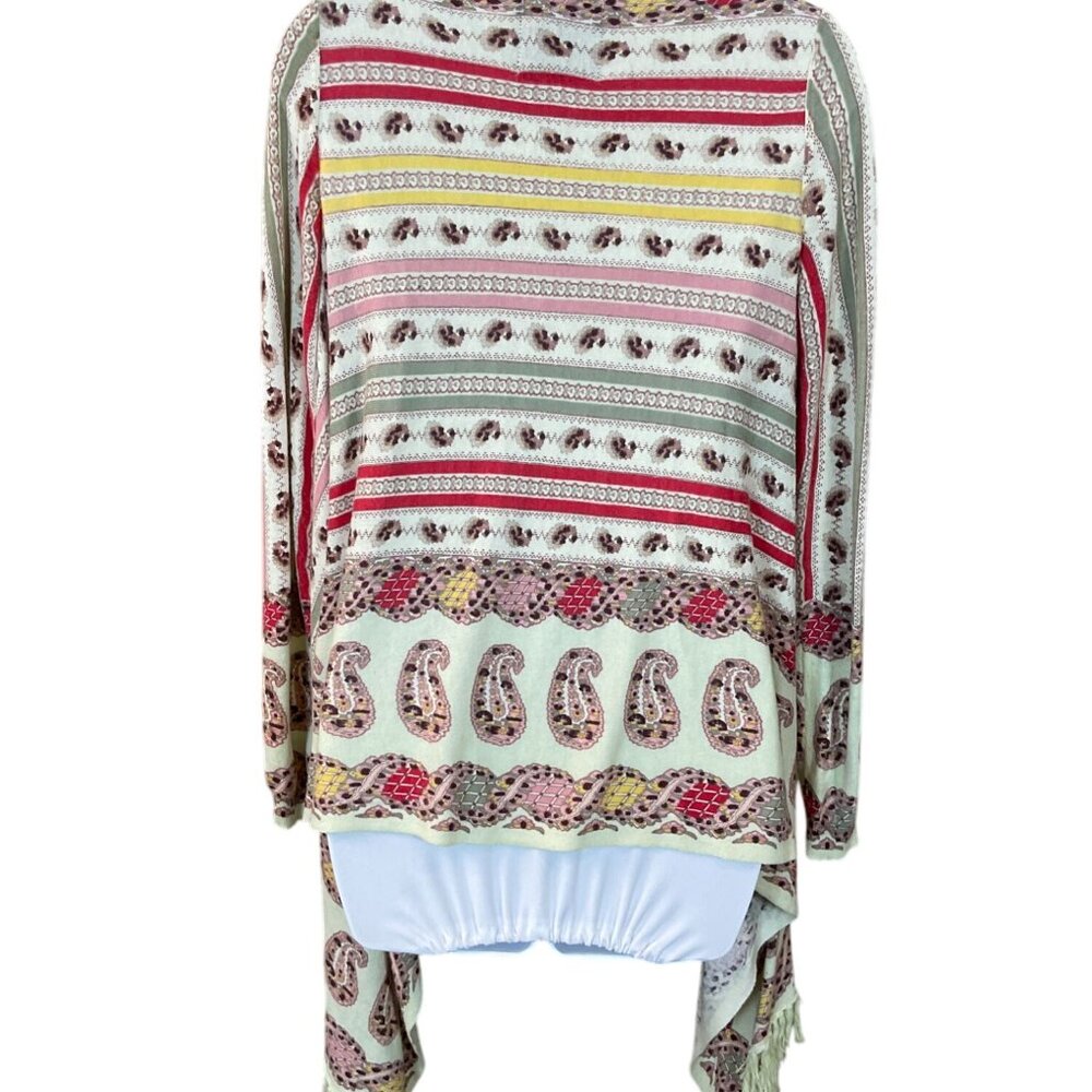 Guinevere by Anthropologie Mint Striped Paisley Fringed Cotton Blend Cardigan Sm - Picture 4 of 8